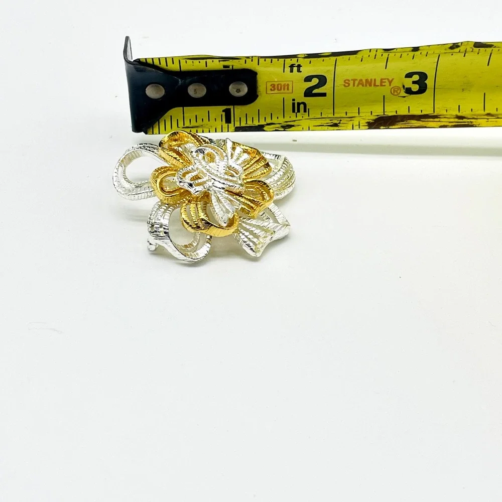 Vintage Brooch Pin Gold Silver Tone Ribbon Flower Layered Floral Statement 3D